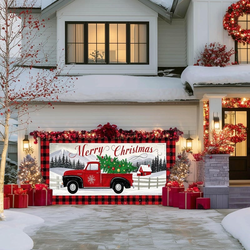 IVN Vintage Red Truck Christmas Tree Mountain Scene Garage door banner Door Cover Indoor And Outdoor Studio Background Hanging Decoration 13x6ft - Image 4